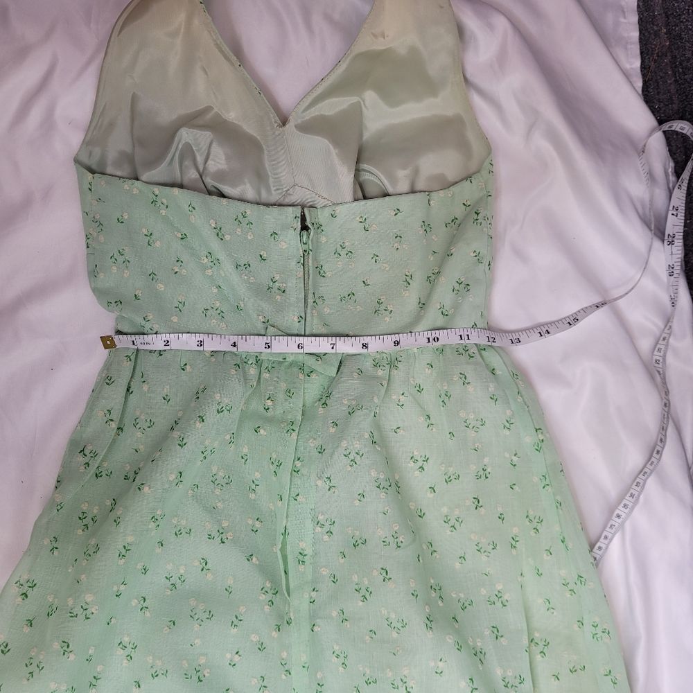 VINTAGE 70s sage‎ green tiny floral hippie boho ruffle halter maxi dress XS - Picture 10 of 12